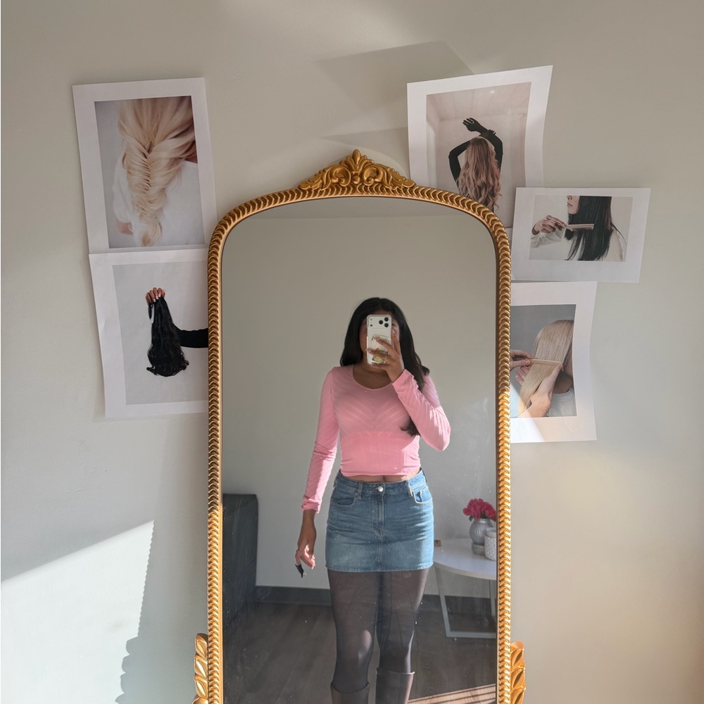 Pink Long Sleeve Top and Denim Skirt